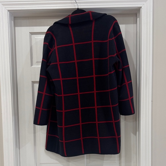 Anne Klein Navy Blue and Red Plaid Long Coat with Gold Buttons - Picture 6 of 6